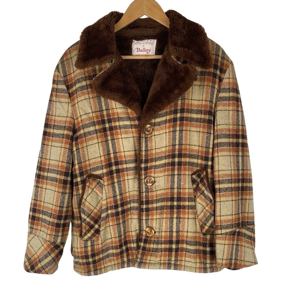 Vintage Plaid Faux Fur Lined Jacket Western 70s Retro Americana Brown Large